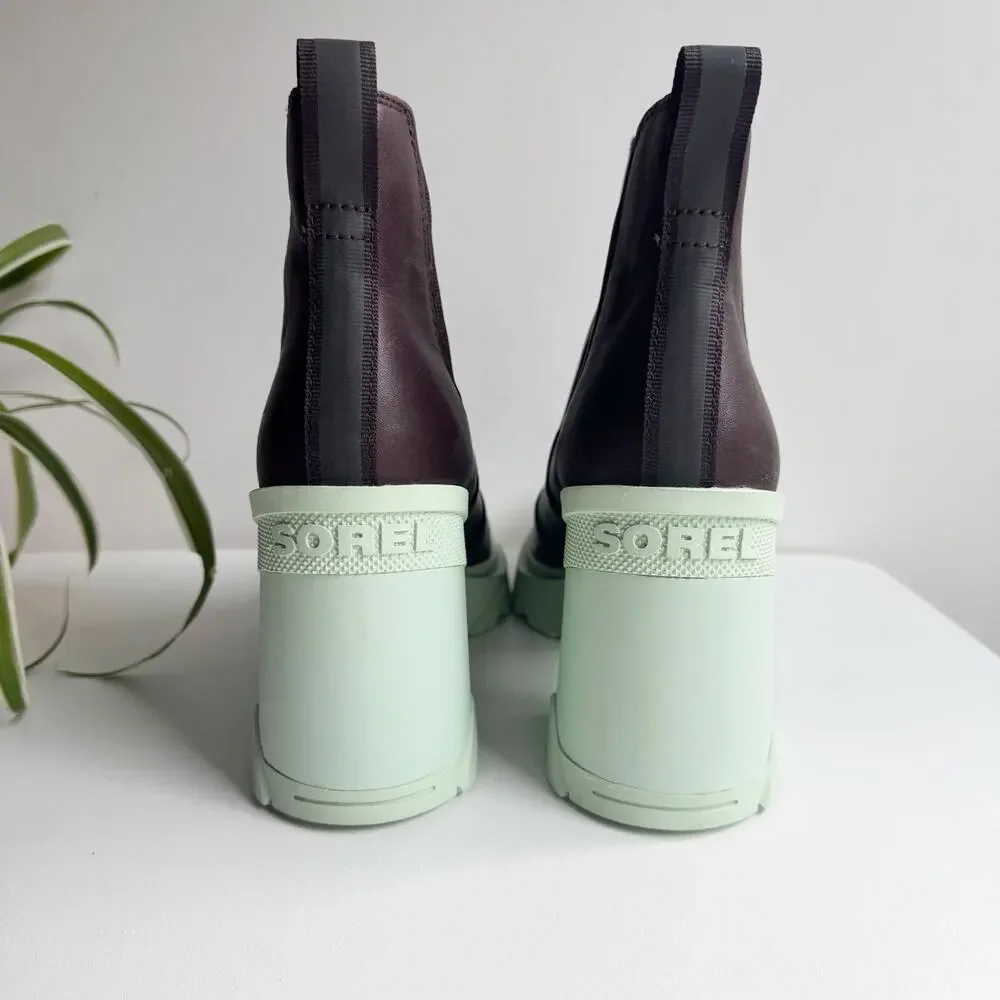 Sorel Brex Brown Leather Mint Green Chunky Lug Heel Ankle Boots Size 8.5